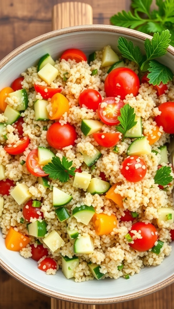 A colorful quinoa salad with cucumbers, bell peppers, cherry tomatoes, and parsley in a bowl on a wooden table.